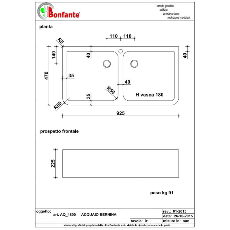 Acquaio Lavello Bernina da Muro Vasca Doppia Bonfante AQ 4800 R / BAR 2 Acquaio Lavello Bernina da Muro Vasca Doppia Bonfante AQ 4800 R / BAR - immagine 2