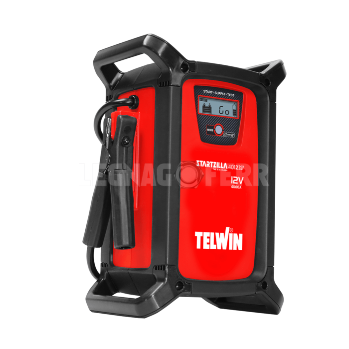 Telwin STARTZILLA 4012 XT Avviatore Alimentatore Tester Elettronico Multifunzione a Batteria con appoggi a terra in plastica rigida nera e rossa completo di cavi e schermo lcd