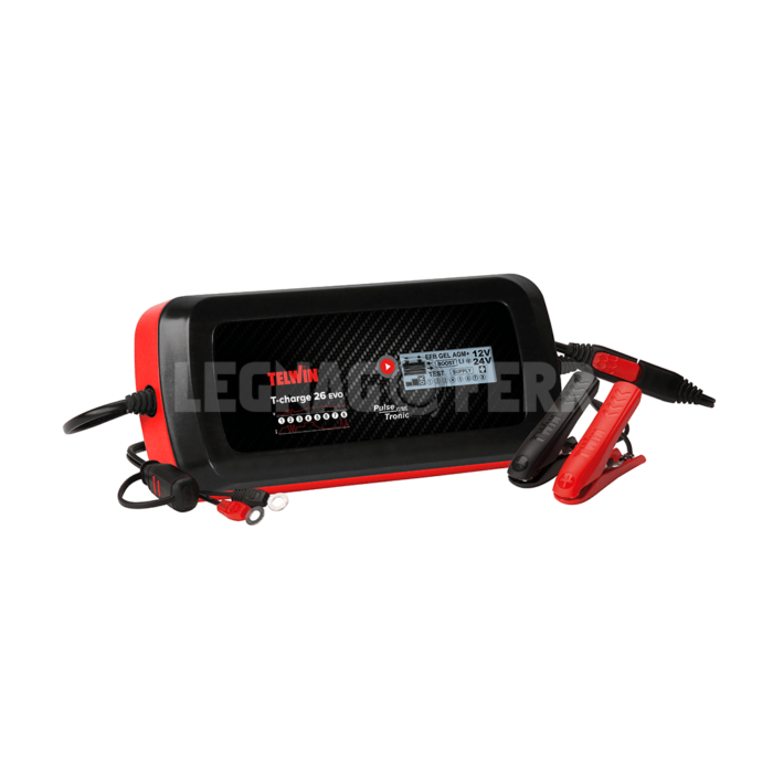 Caricabatterie T-CHARGE 26 EVO Mantenitore di Carica Elettronico Multifunzione 12/24 V Telwin quadrato nero rossa con cavi display digitale