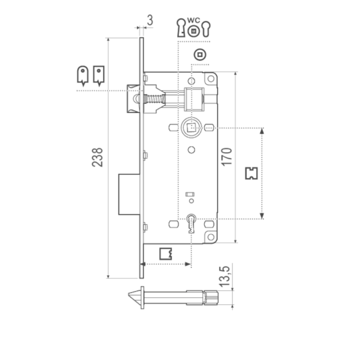 Serratura Patent Grande AGB con Frontale 22mm Interasse 90mm Bordo Quadro Senza Incontro Varie Finiture AGB - immagine 2