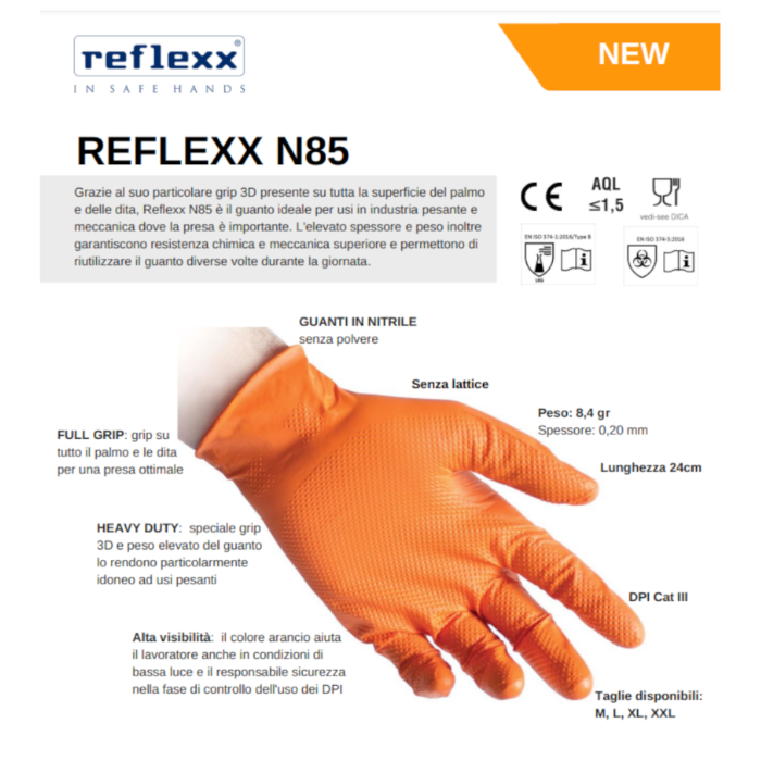 Reflexx N85 Guanti in Nitrile Senza Polvere Full Grip Ultra resistente gr 8,4 - 50 Pezzi - immagine 2