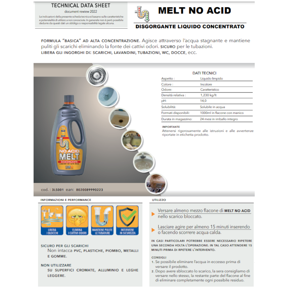 Faren MELT NO ACID, Disgorgante Liquido Concentrato, Formula Efficace non a  base Acida, Veloce e Sicuro, 1Lt (1pz) : : Salute e cura della  persona