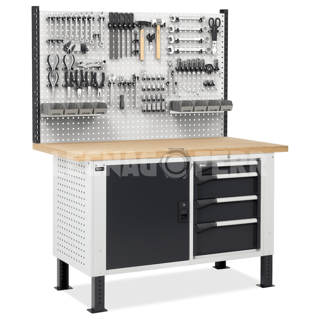 Banco da Lavoro con Armadio a 4 Cassetti, 1 Vano con Porta e Parete Forata Fami MASTERBR1511 1 Fami MASTERBR1511 Banco da Lavoro con Armadio a 4 Cassetti, 1 Vano con Porta e Parete Forata legnagoferr