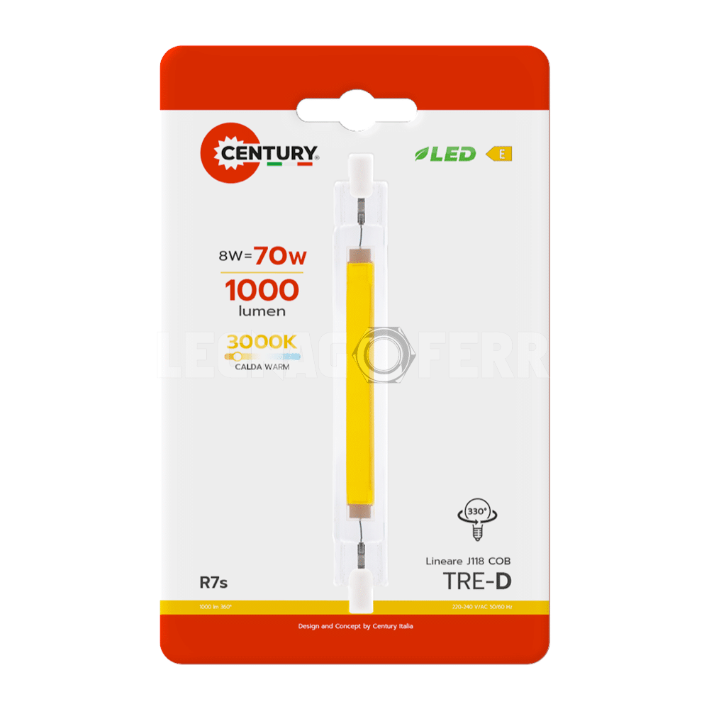 Lampadina LED Lineare R7S 8W 3000K Century TRE-D COB TRCOB-0811830BL 1 lampadina led r7s 8w legnagoferr